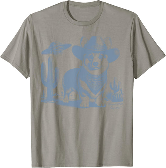 Vintage Funny 90s Western Cowboy Corgi UFO Corgi Lover T-Shirt