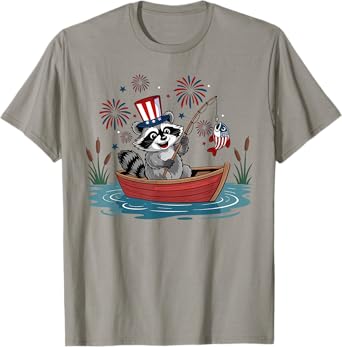 Fishing Patriotic Raccoon 4th Of July America Fish For Mens T-Shirt