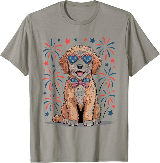 Patriotic Doodle Dog USA Bow and Fireworks Fourth of July T-Shirt