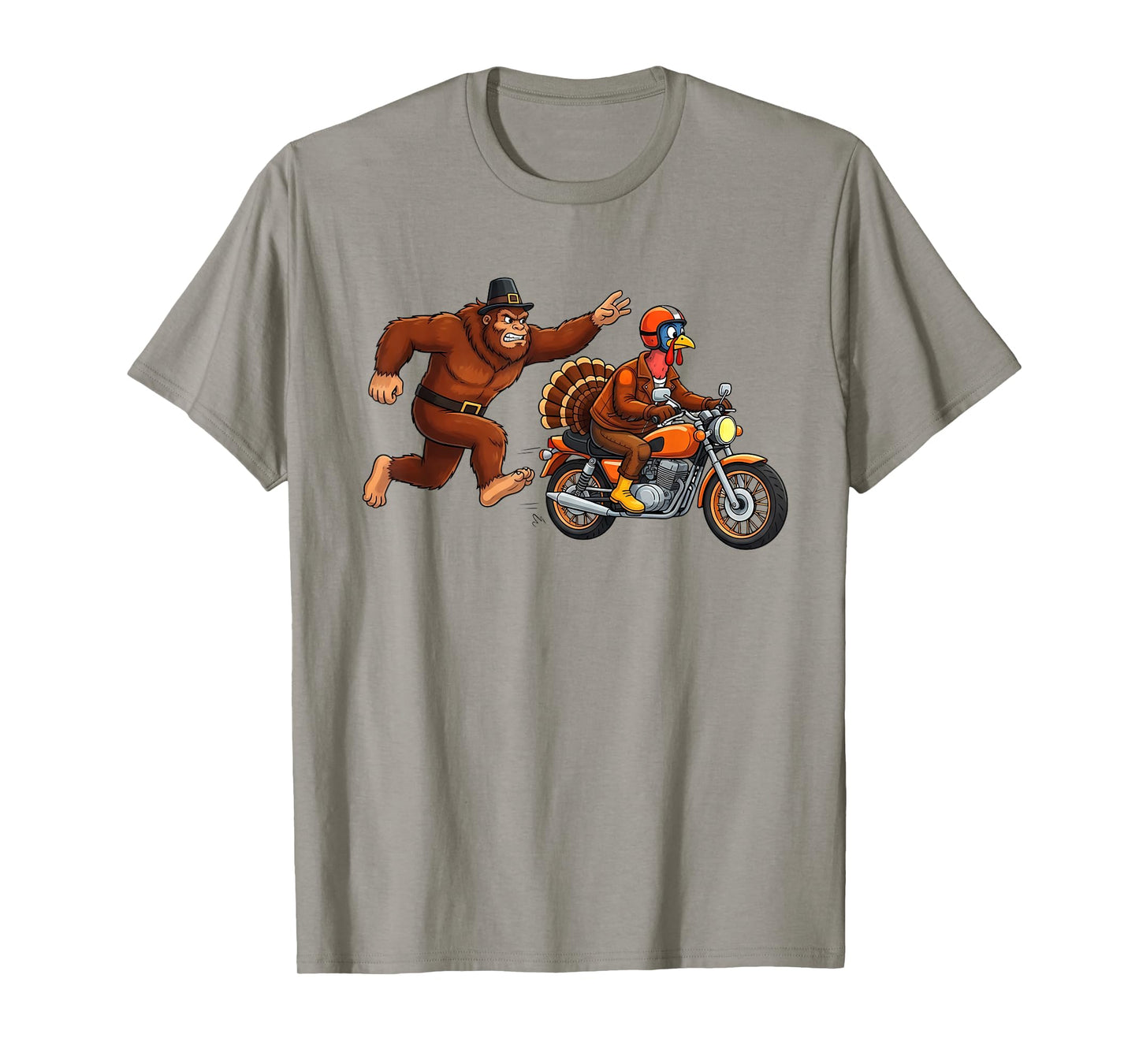 Funny Thanksgiving Turkey Motorcycle Bigfoot Chase Humor T-Shirt