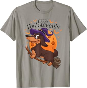 Happy Halloweenie Dachshund Viennese Dog Halloween Witch Broom T-Shirt