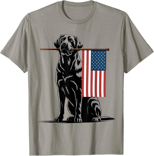 Black Lab Dog Holding July 4th Patriotic Usa Flag T-shirt