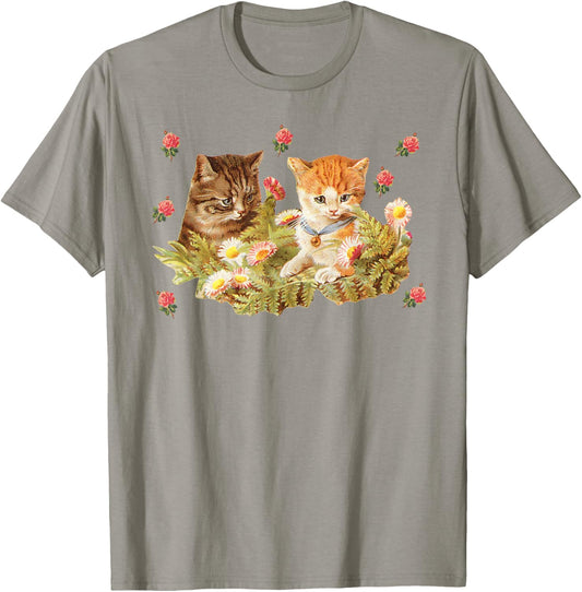 Flower Garden Vintage Kitten Pattern | Cottagecore Cat T-Shirt
