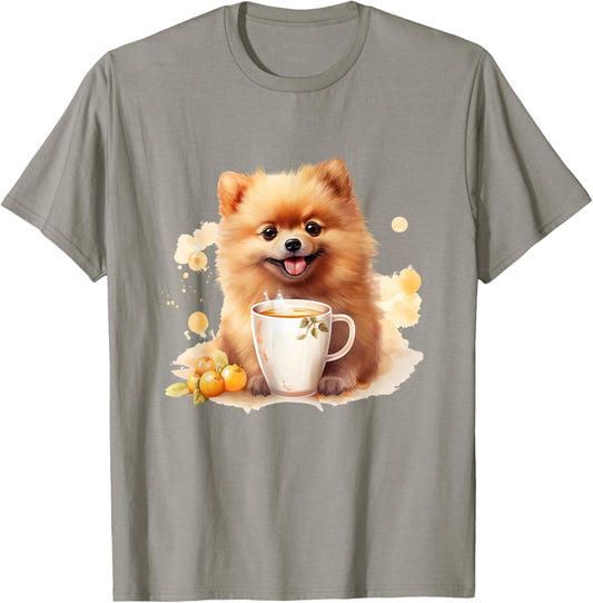 A Pomeranian With A Cute Expression Drinking Coffee T-Shirt