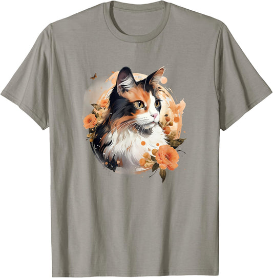 Beautiful Flowers Calico Cat Lover T-Shirt