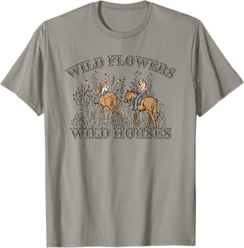 Sunset Cowgirl Riding Horse Wild Flowers - Wild Horses T-Shirt