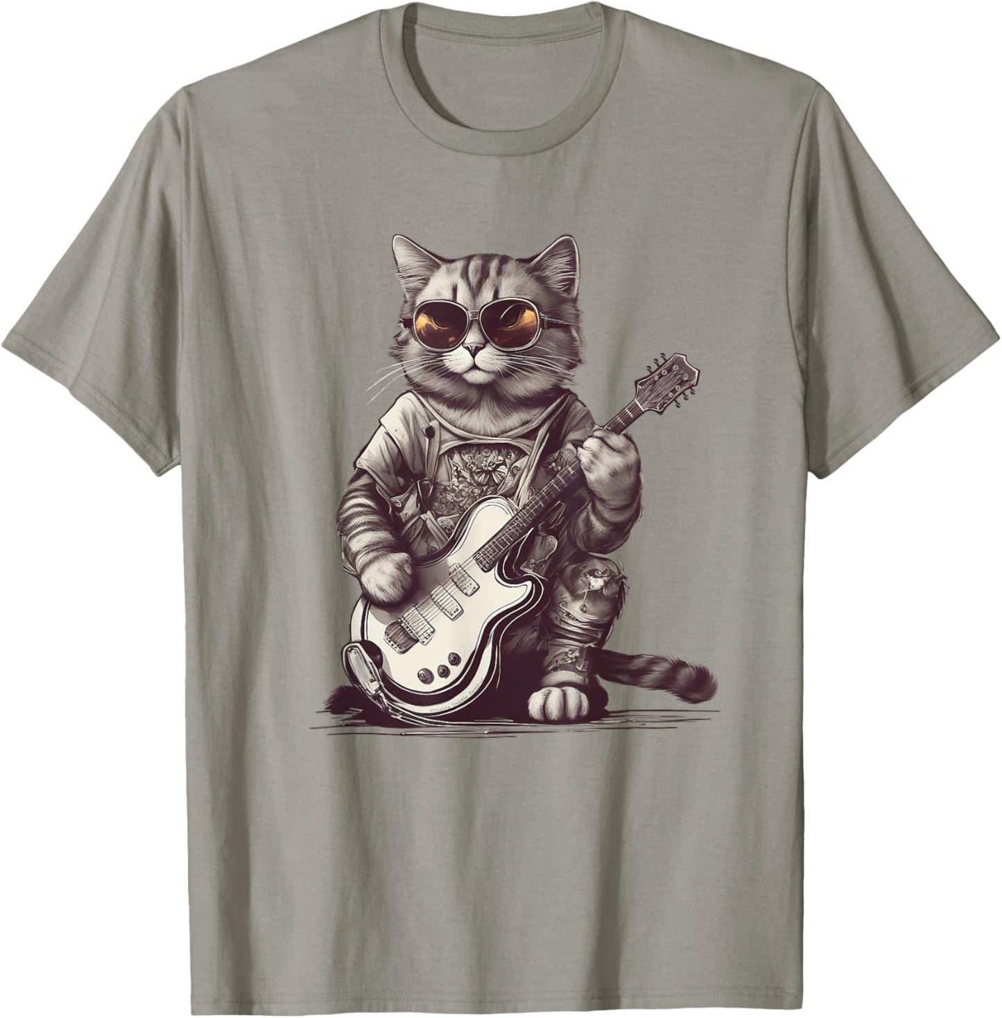 Cool Guitar Playing Cat with Glasses - Band Rock T-Shirt