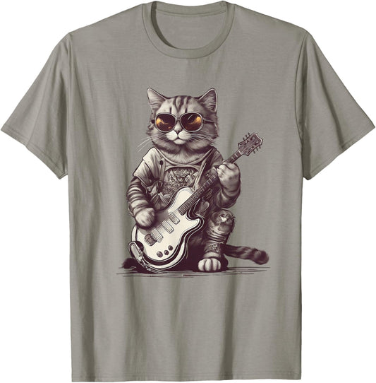 Cool Guitar Playing Cat with Glasses - Band Rock T-Shirt