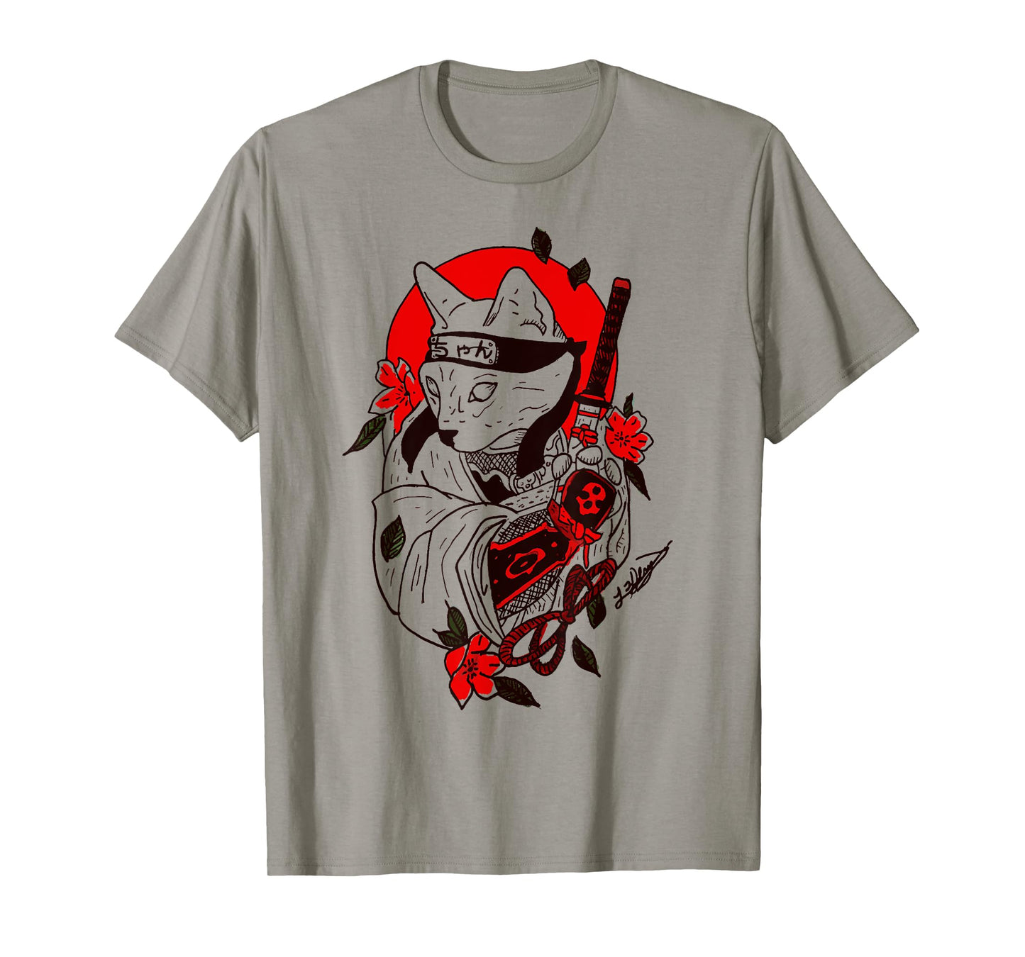 Japanese Samurai Cat Katana Ninja Kitty Tattoo Style T-Shirt