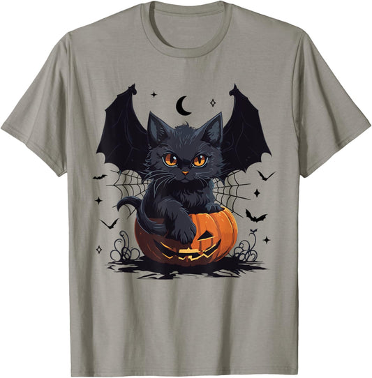 Cute Black Cat With Bat Wings Jack O Lantern Kitty Halloween T-Shirt