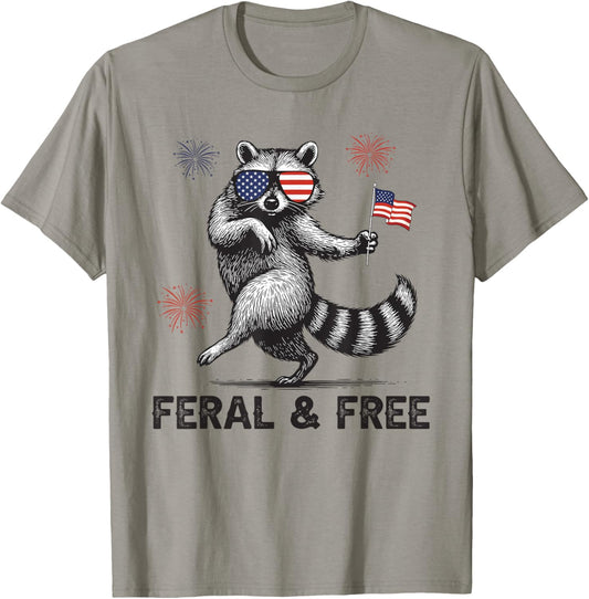 Patriotic Raccoon Feral But Free USA Flag 4th Of July T-Shirt
