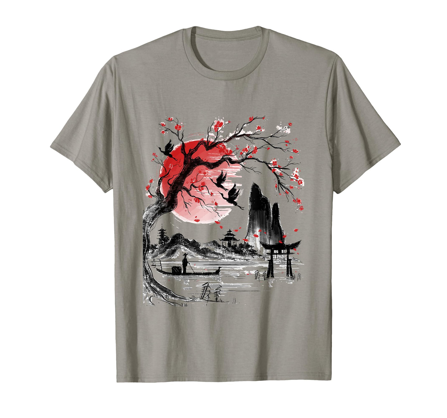 Japanese Tree Red Moon With Birds Flying in background T-Shirt