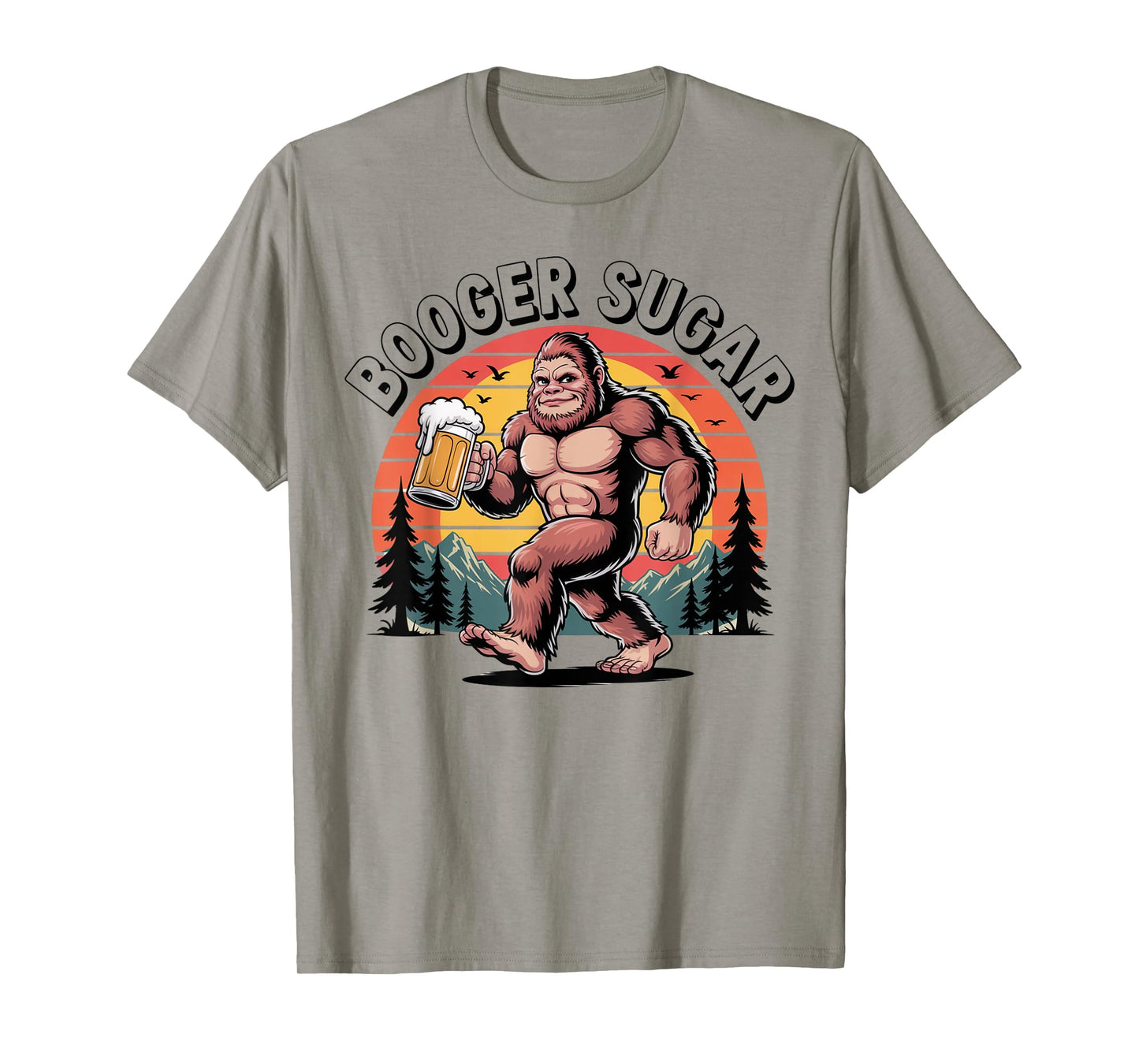 Booger Sugar Bigfoot Funny Muscular Sasquatch Beer Sunset T-Shirt
