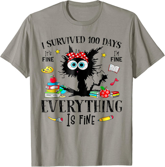 I Survived 100 Days Of School Teacher & Kids Funny Cat T-Shirt