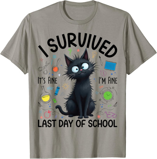 I Survived Last Day Of School Teacher Funny Cat T-Shirt