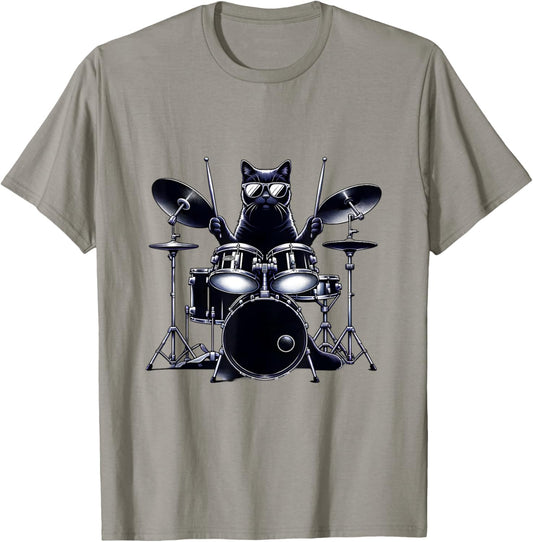T-Shirt, Unisex-Adults/Kids, Grey, Short Sleeve, Cat, Drumming, Graphic, Music, Novelty, Classic Fit, Cotton Blend, Machine Wash, Size: Small