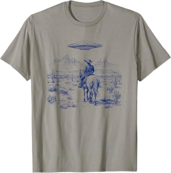 Cowboy Riding Horse UFO Above Desert Cactus Western T-Shirt