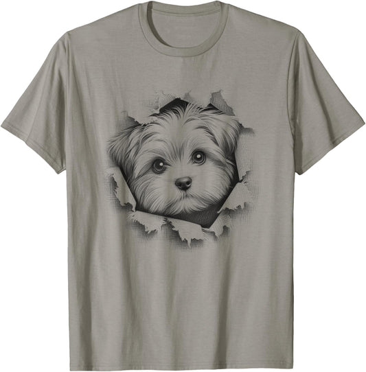 Cute Morkie Dog Peeking Design T-Shirt