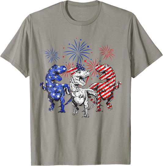 Red White Blue T Rex Dinosaur Firework 4th Of July T-Shirt for Women Kids Men
