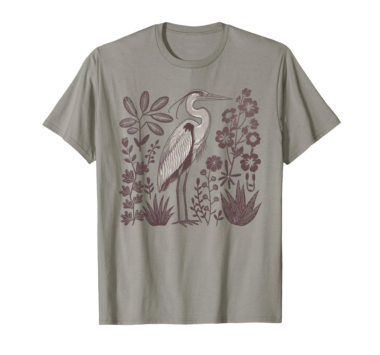 Heron Linocut Great Blue Heron Bird Lover Hippy Granola Girl T-Shirt