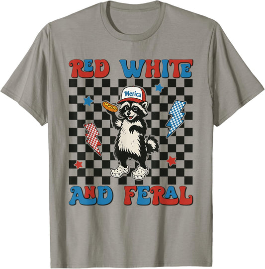 Red White and Feral Funny Hot Dog Raccoon 4th Of July Kids T-Shirt