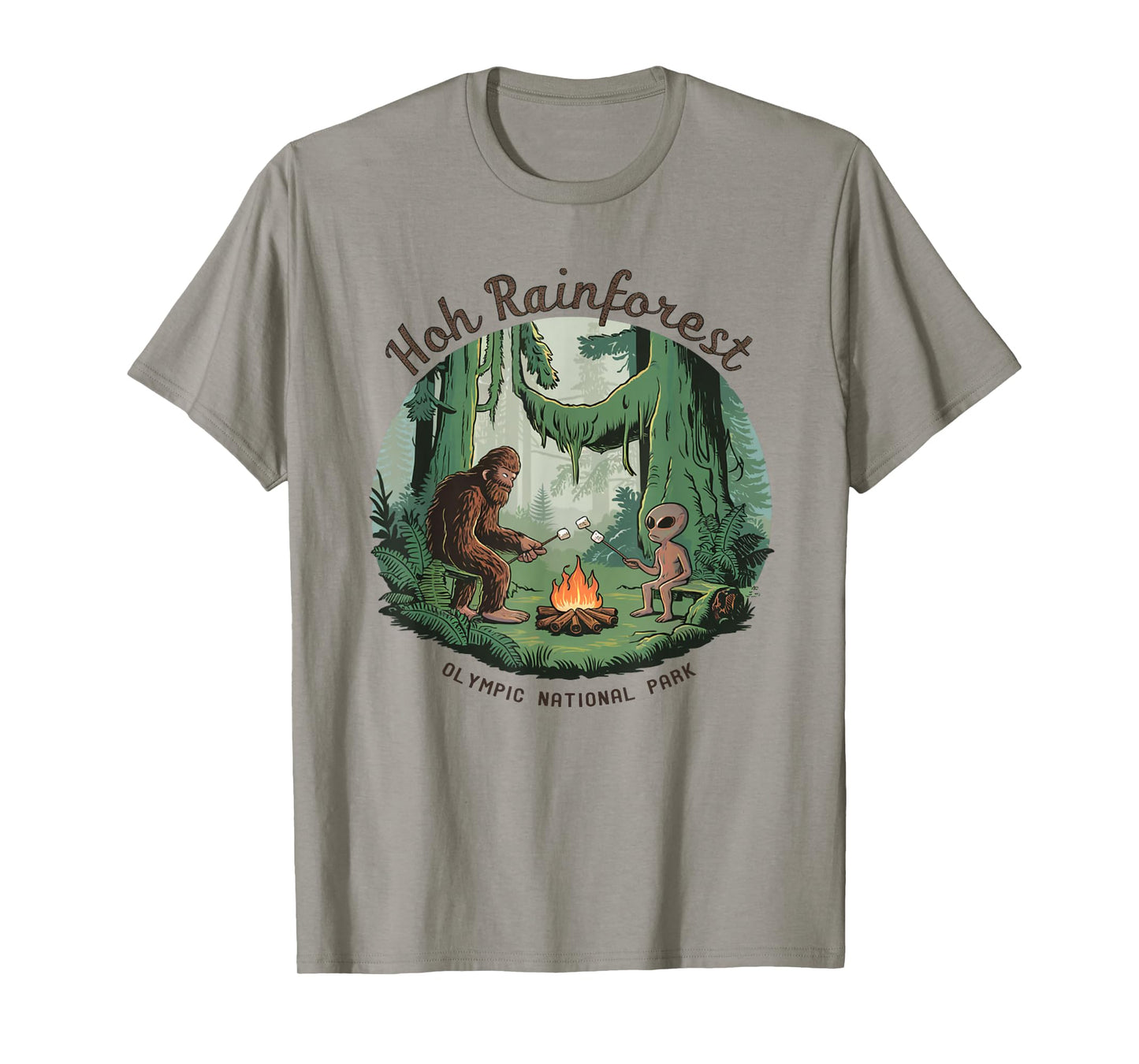 Funny Bigfoot & Alien Gifts And Shirts Bigfoot & Alien Camping Hoh Rainforest Olympic National Park Unisex-Adults Kids T-Shirt White Short Sleeve Classic Fit Cotton Blend Machine Wash Size Small