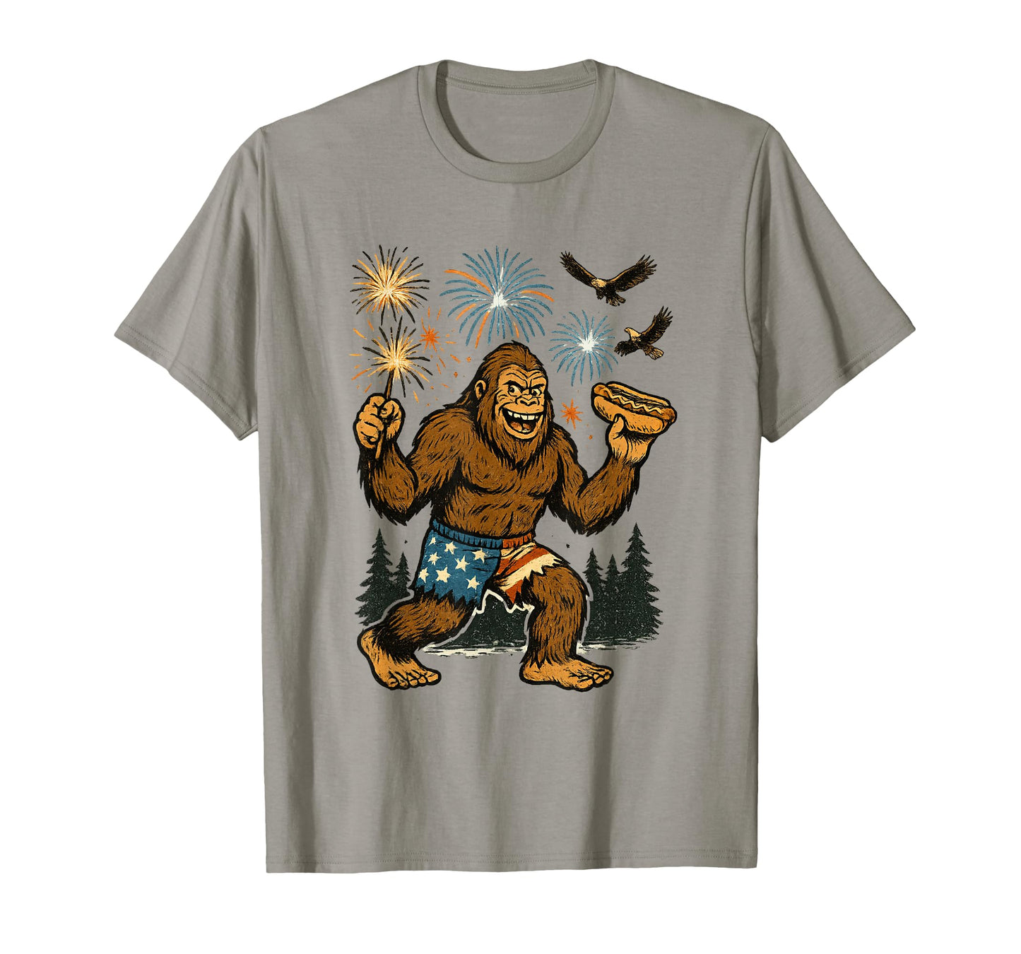 Bigfoot Fireworks 4th of July Men Sasquatch American US Flag T-Shirt