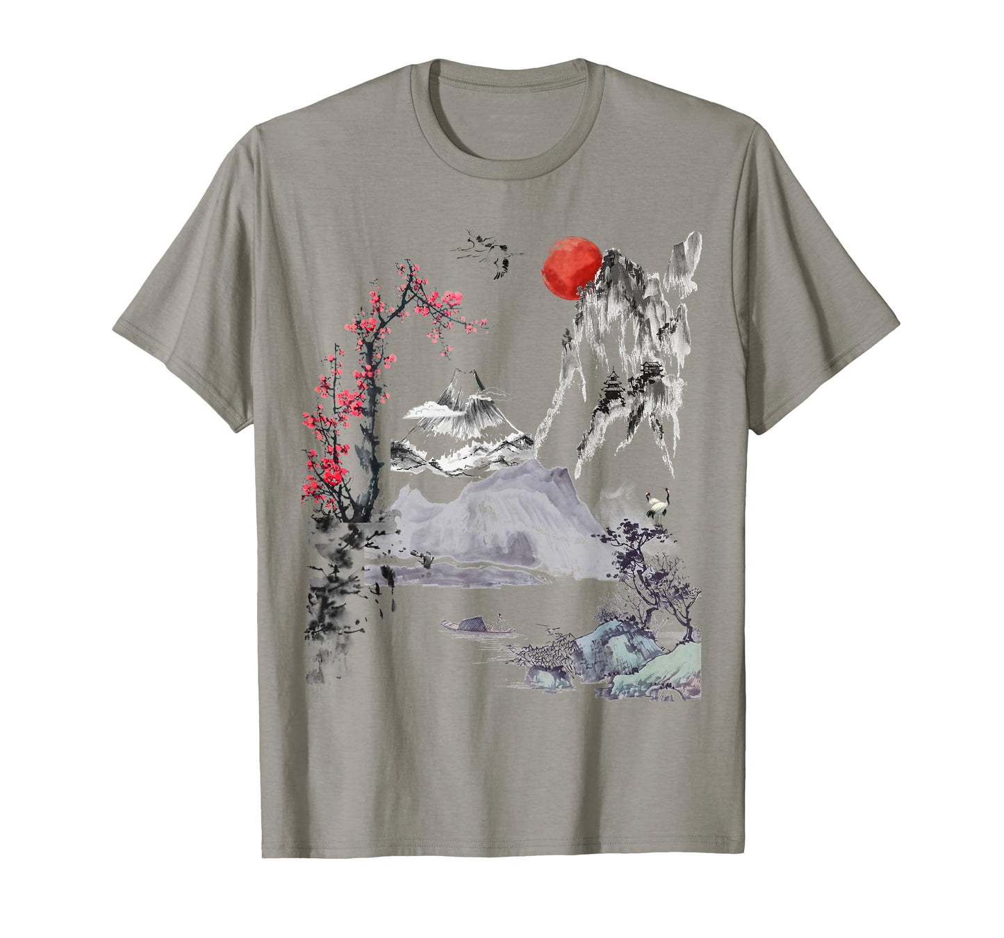 Japanese Art Tree Red Moon With Birds Flying in Background T-Shirt