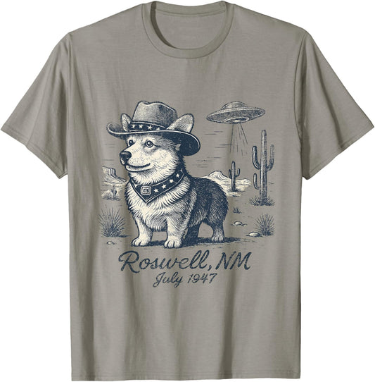 Cowboy Corgi UFO Encounter Roswell New Mexico Retro Style T-Shirt