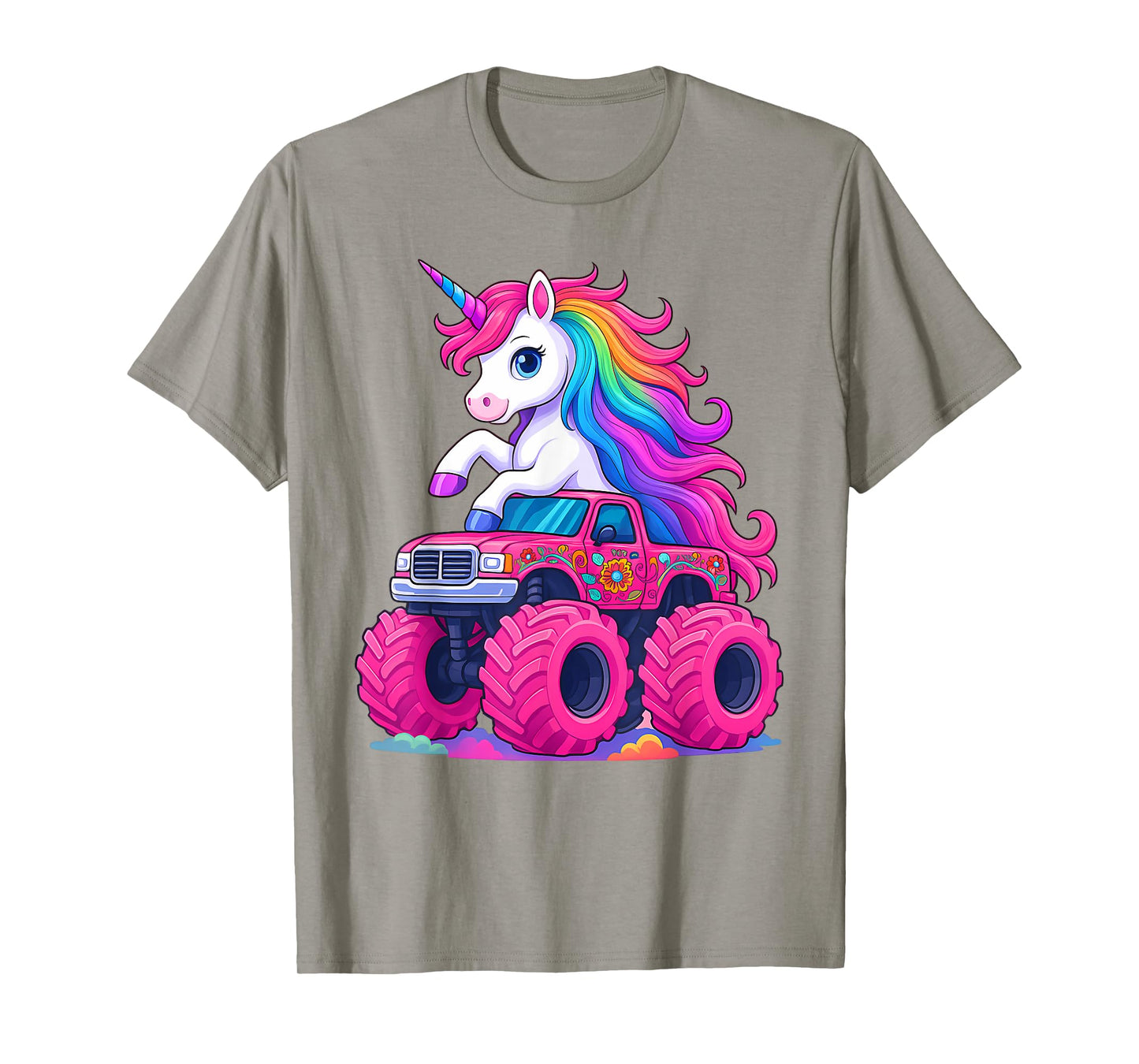 Cute Unicorn Riding A Pink Monster Truck Lover Birthday Kids T-Shirt