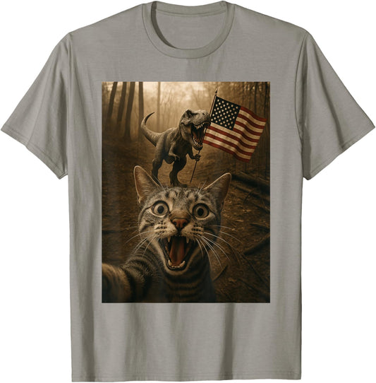 Cat Selfie With Trex Dinosaur USA Flag Patriotic 4th Of July T-Shirt