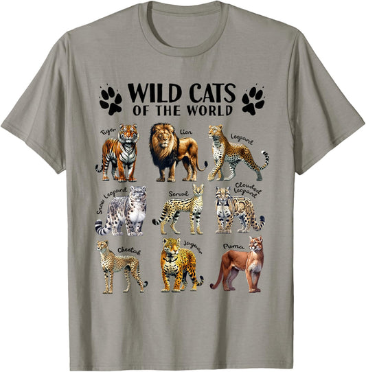 Wild Cats of the World Educational Animal Big Cat Types T-Shirt