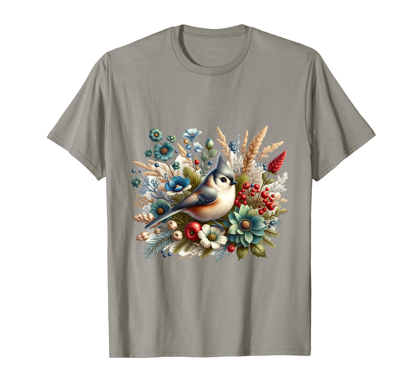 Tufted Titmouse Vintage Floral Wintery Bird T-Shirt