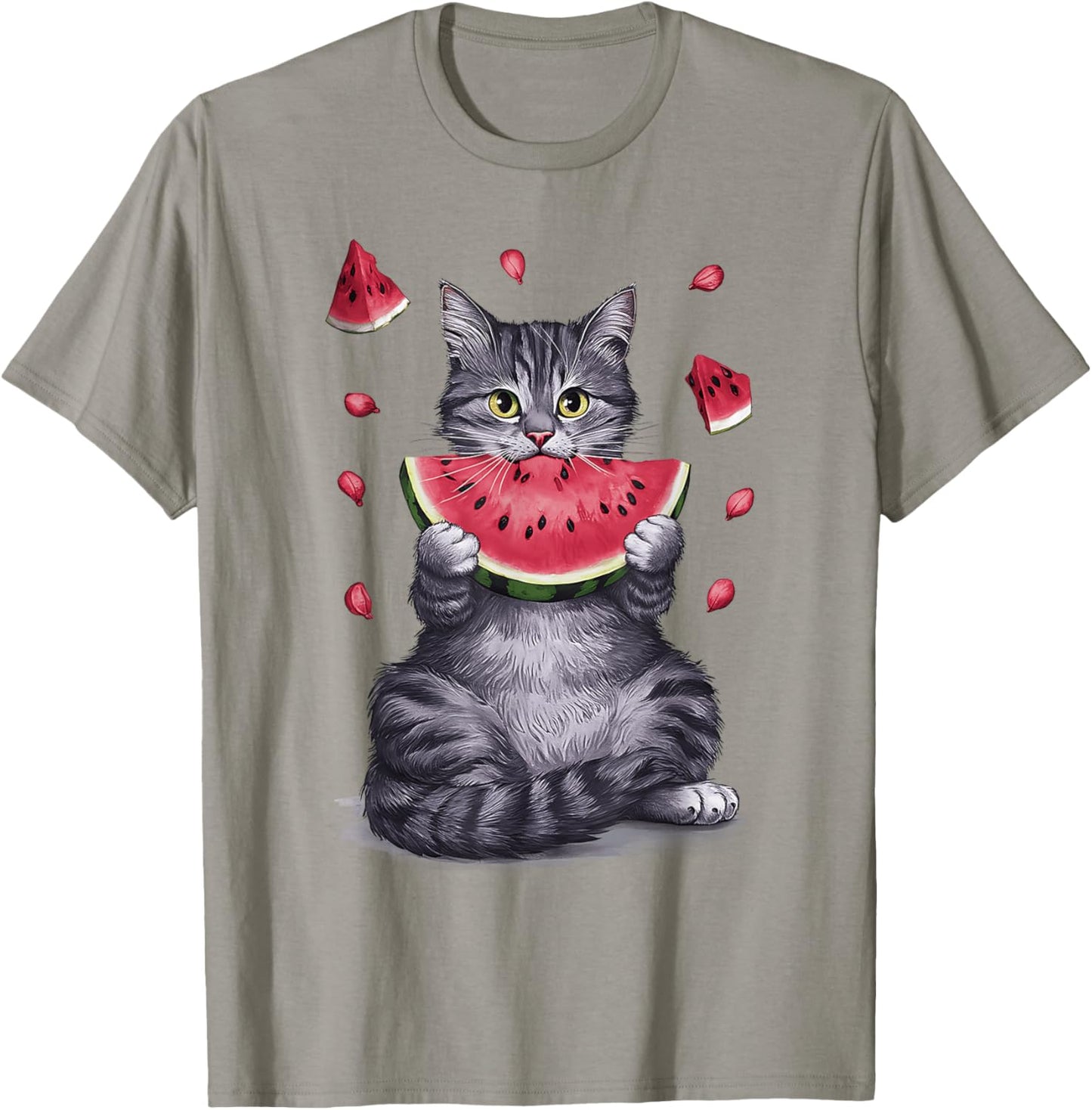 Cute Cat Eating Watermelon Fruit Summer Men Women Girls T-Shirt