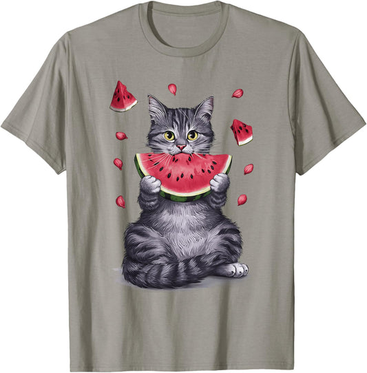 Cute Cat Eating Watermelon Fruit Summer Men Women Girls T-Shirt