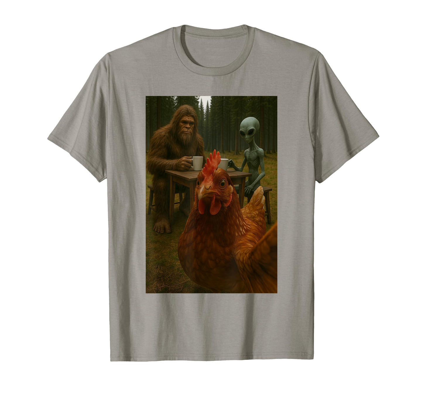 Chicken Selfie With Bigfoot Alien Funny T-Shirt