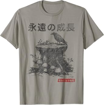 Japanese Retro Graphic Gothic Raven and Fungi Mushroom T-Shirt