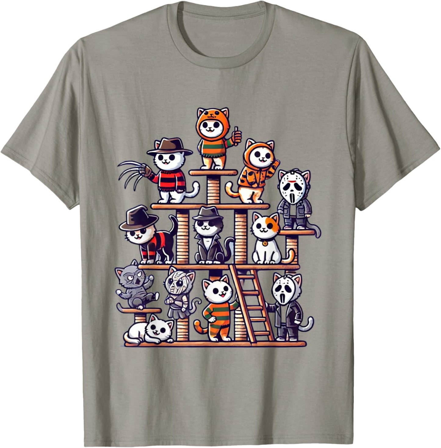 Funny Horror Movie Cats Playing On Cat Tree T-Shirt