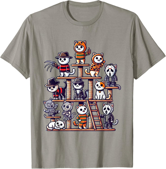 Funny Horror Movie Cats Playing On Cat Tree T-Shirt