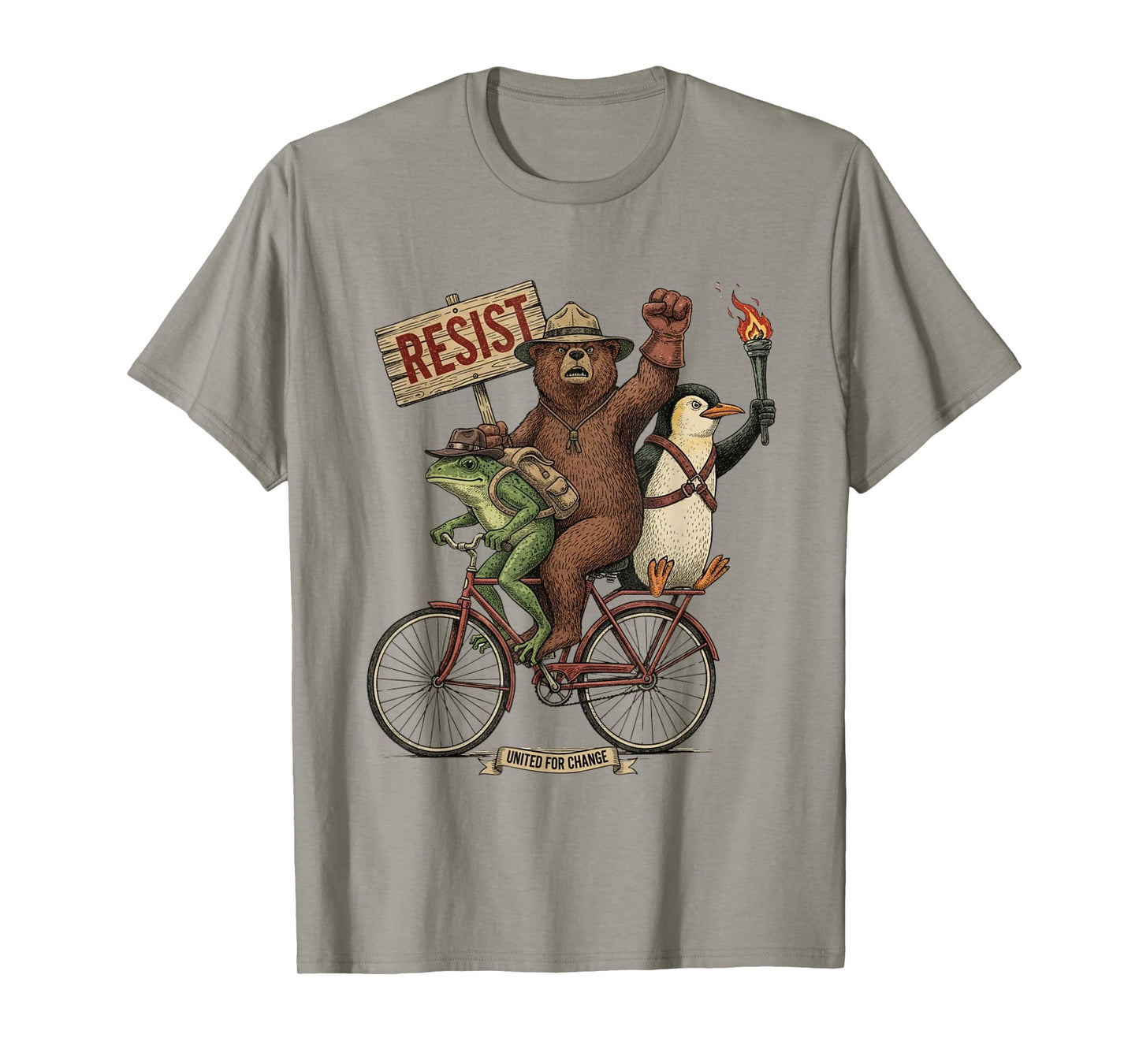 Penguin Frog Bear On Bike Resist Protest Vintage Men Women T-Shirt