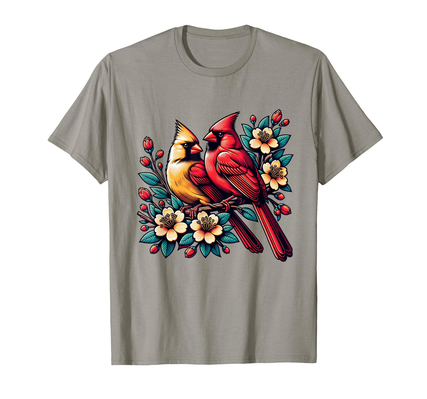 Cute Red Cardinal Couple on Flowering Branch Spring lovers T-Shirt