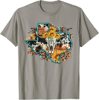 Bull Skull Leopard Cowhide Sunflower Texas Map Western T-Shirt
