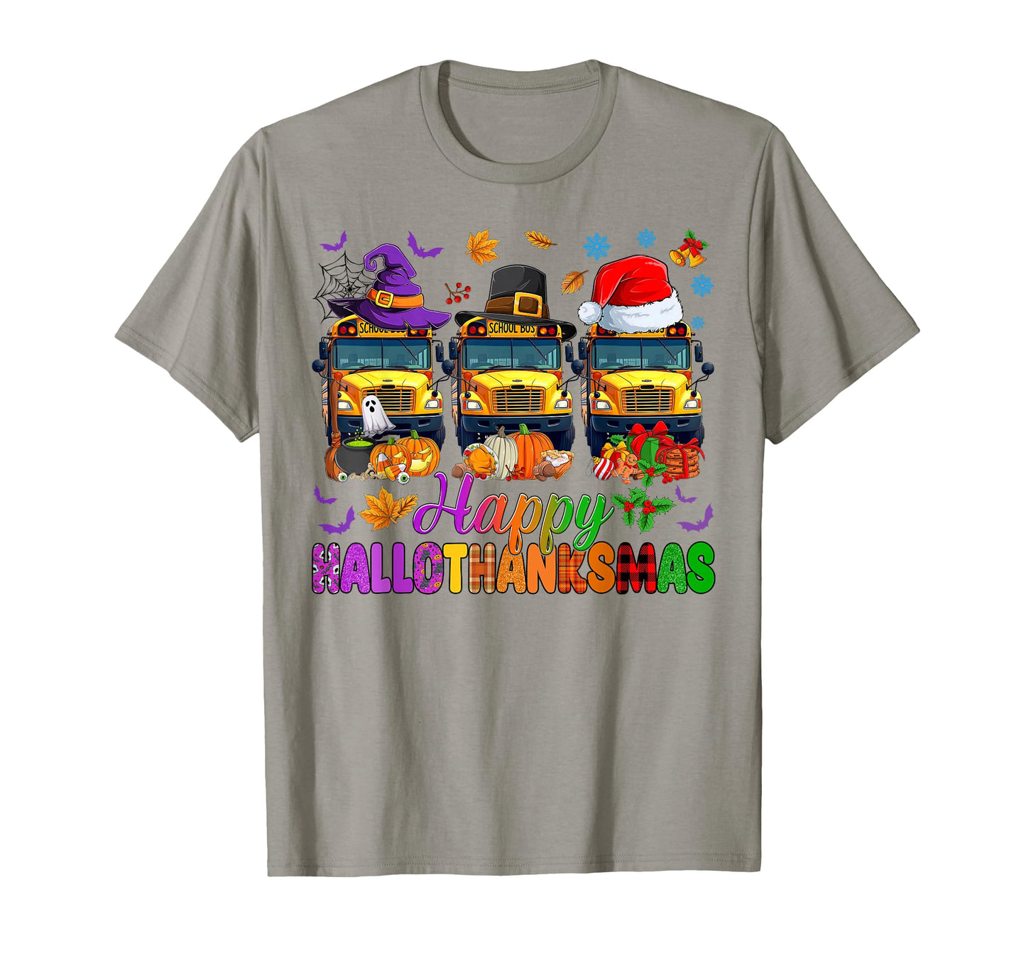 Happy Hallothanksmas School Bus Halloween Thanksgiving Xmas T-Shirt