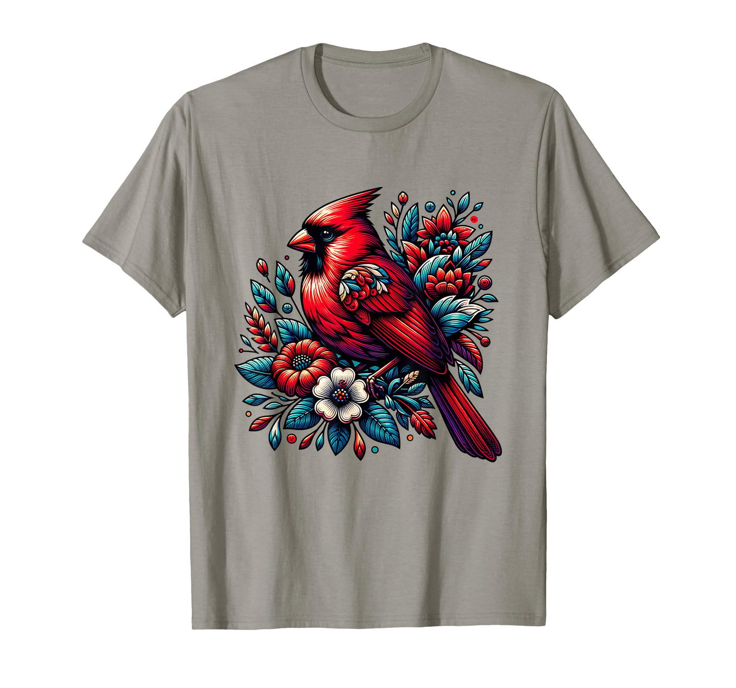 Cute Red Cardinal Bird Vintage Flowers Northern Cardinal T-Shirt