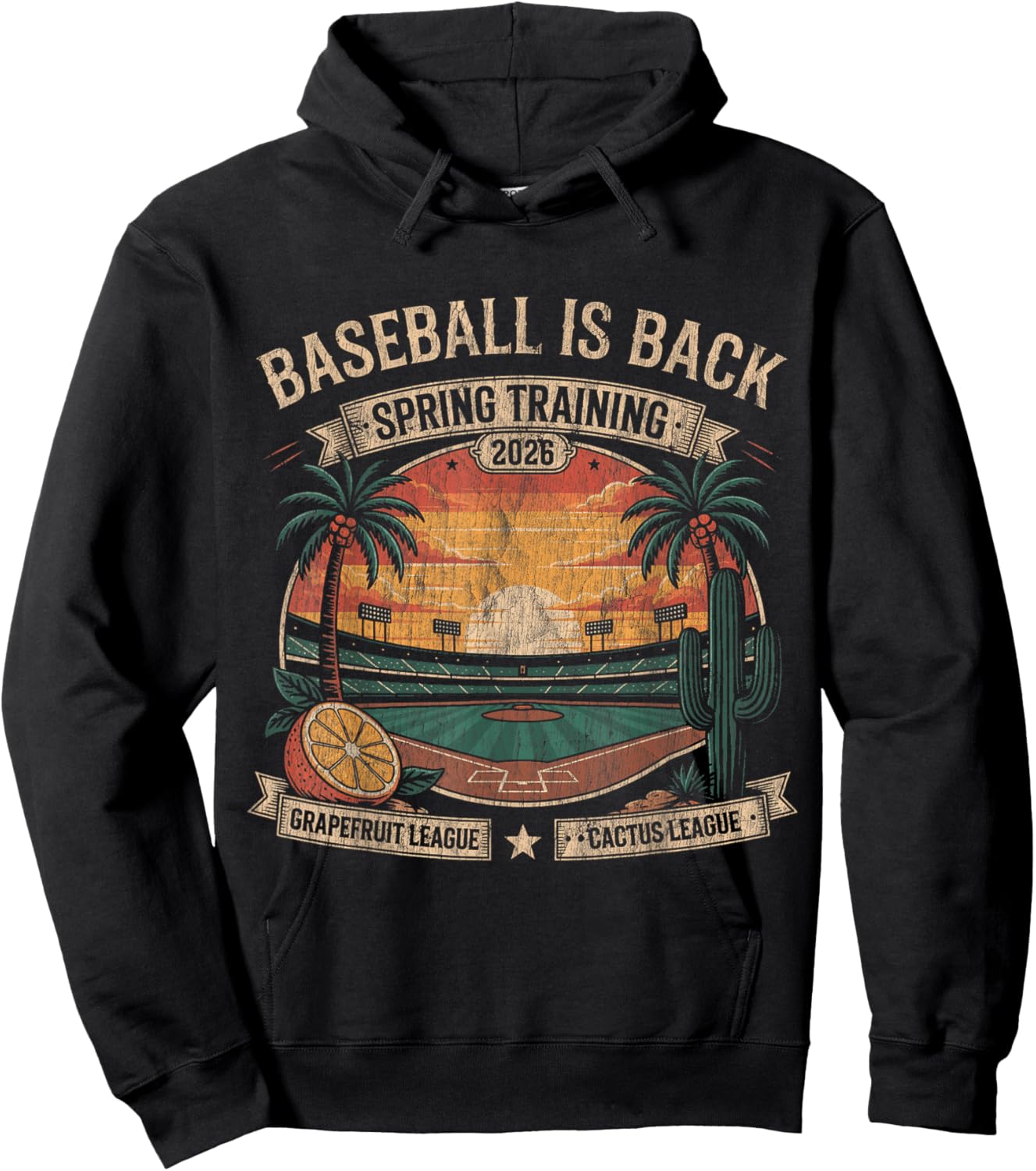 Spring Training Baseball is Back 2026 Retro Stadium Sunset T-Shirt Hoodie - Hoodie | Black