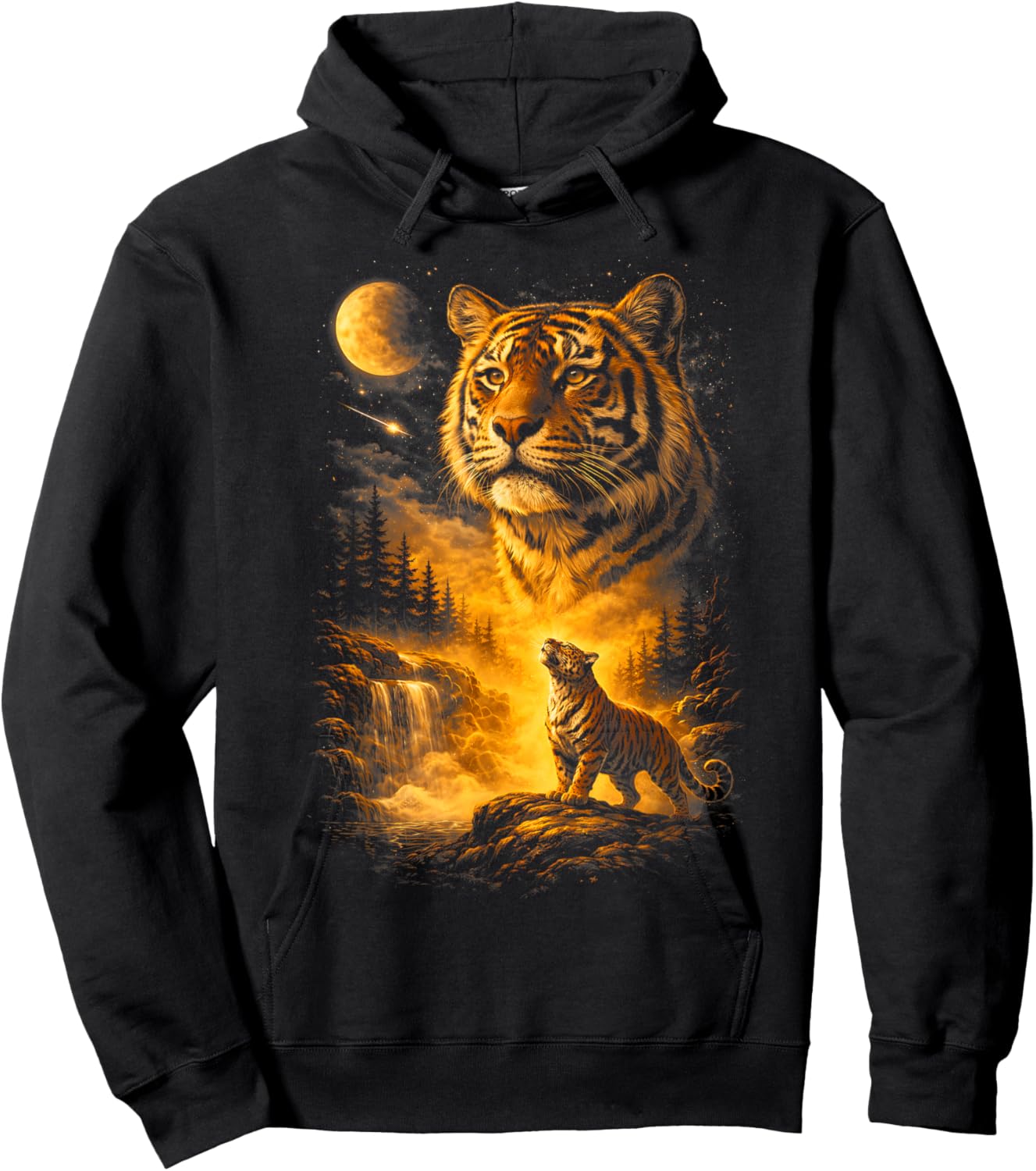 Tiger Howling to The Moon Meme 90s Animal Print Graphic T-Shirt - Hoodie | Black