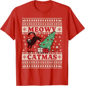 Meowy Catmas, Ugly Christmas Sweater, Cat Christmas T-Shirt for Men Women Kids