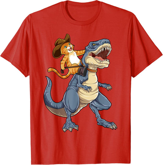 Cat Riding Dinosaur T rex Funny Purrassic Kitty Kitten Lover T-Shirt for Men Women Kids
