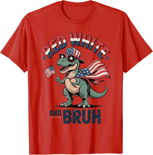 Boy Red White Bruh Funny 4th July Dinosaur Toddler Patriotic T-Shirt