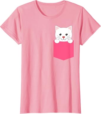Pink White Kitten in a Pocket Shirt for Teen Girls and Women